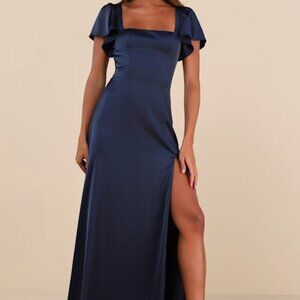 Lulus Ultimate Sweetness Navy Blue Satin Flutter Sleeve Maxi Dress - Size L